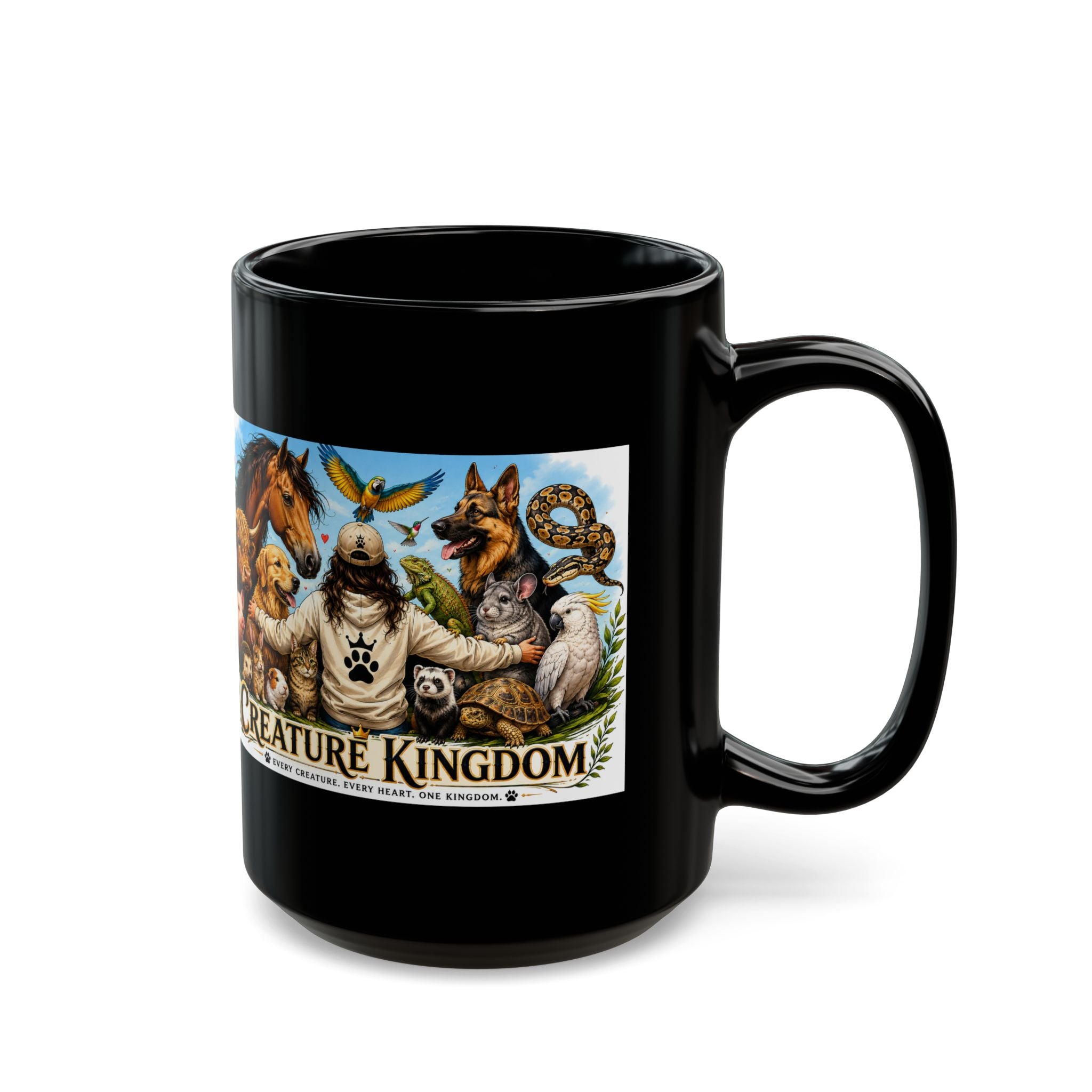 Creature Kingdom Black Mug — Animal Lover Coffee Cup (11oz/15oz)