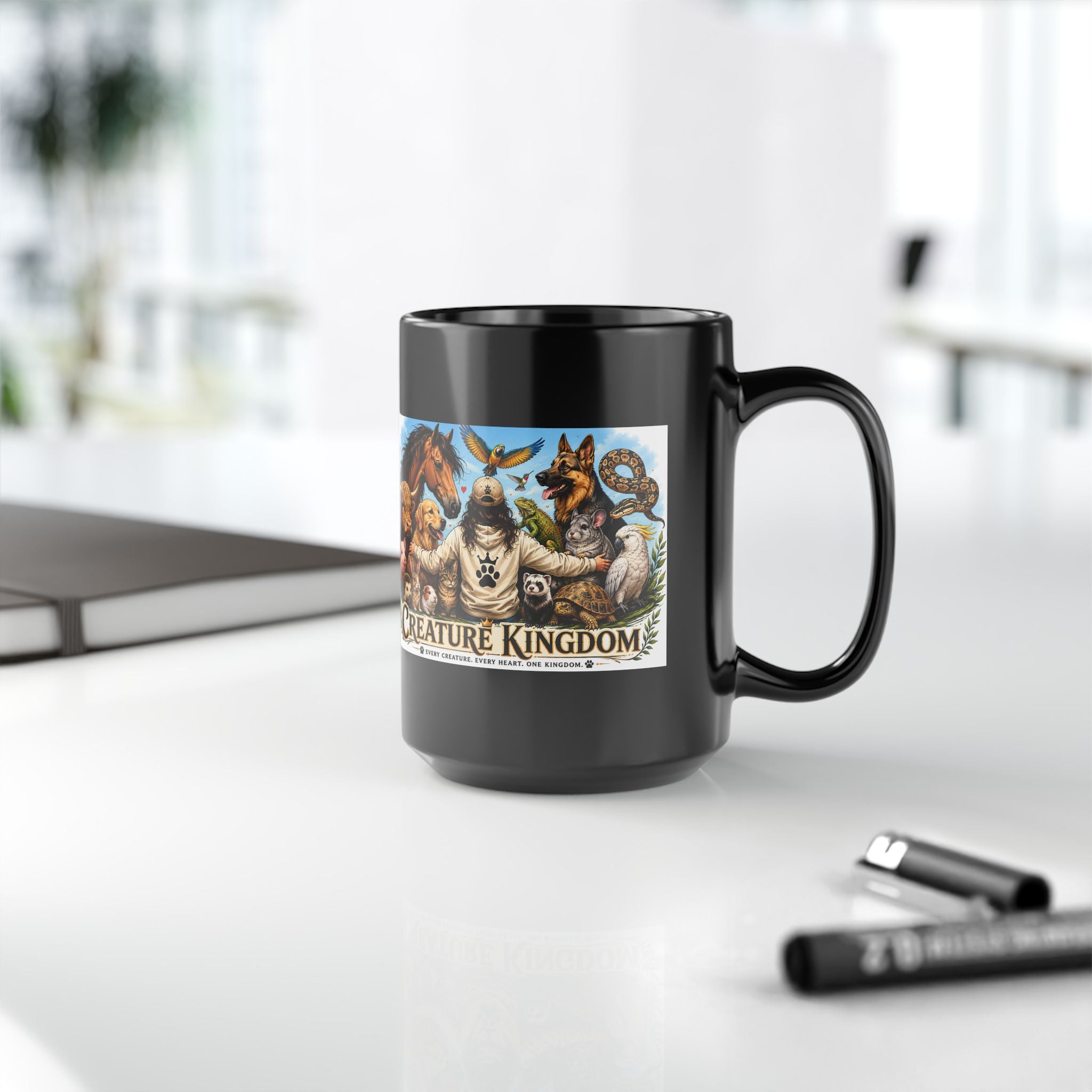 Creature Kingdom Black Mug — Animal Lover Coffee Cup (11oz/15oz)