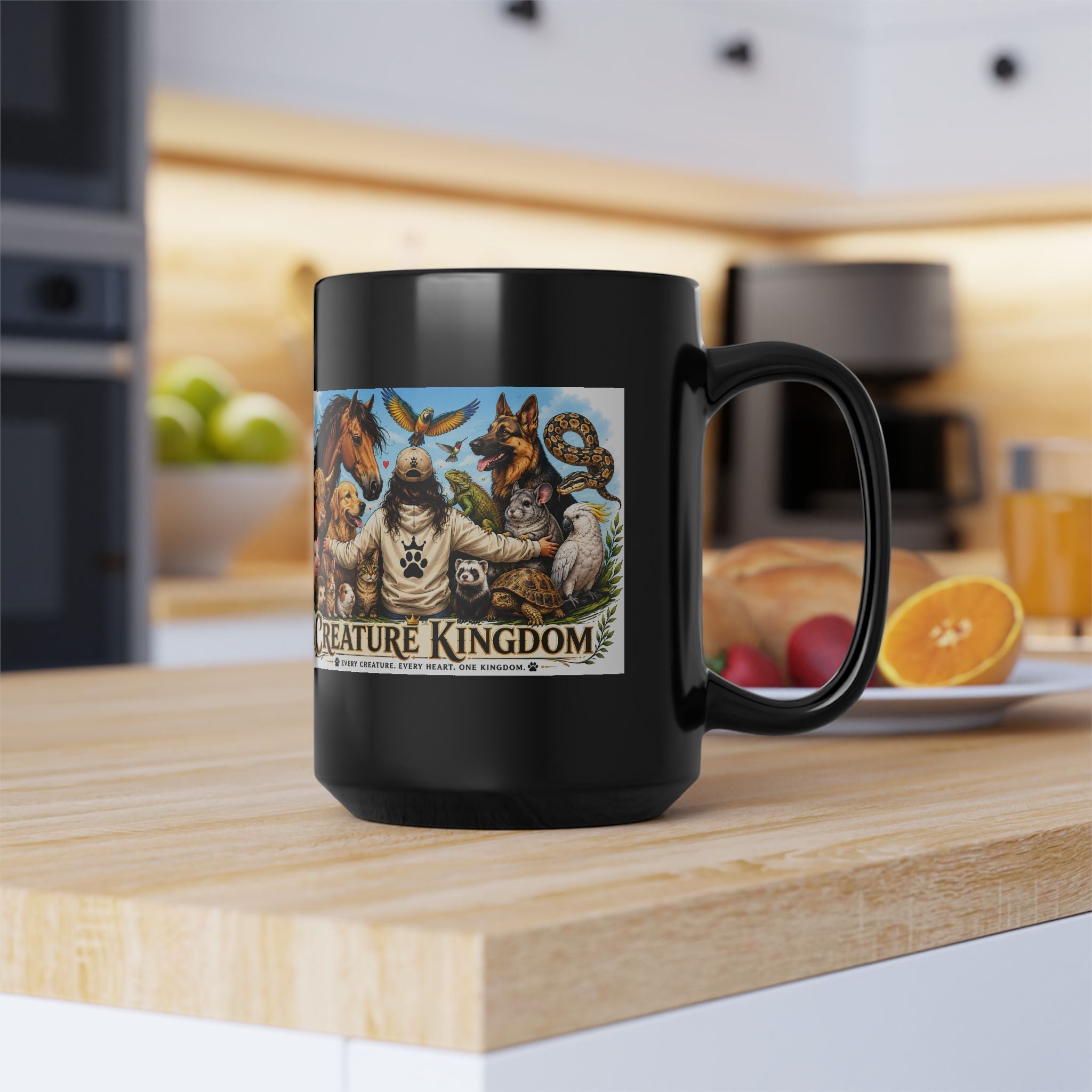 Creature Kingdom Black Mug — Animal Lover Coffee Cup (11oz/15oz)