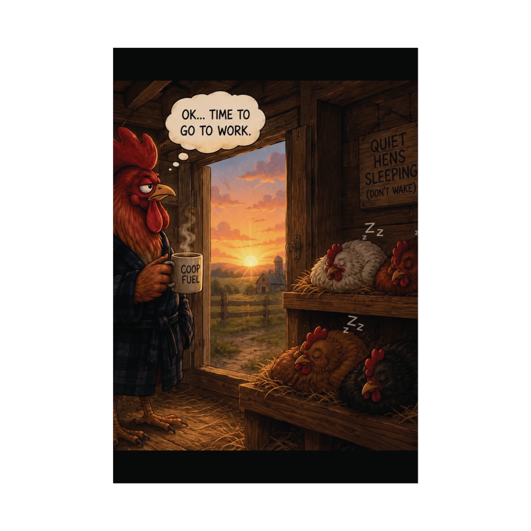 Creature Kingdom "Ok... Time to Go to Work" Farmhouse Rooster Fine Art Poster
