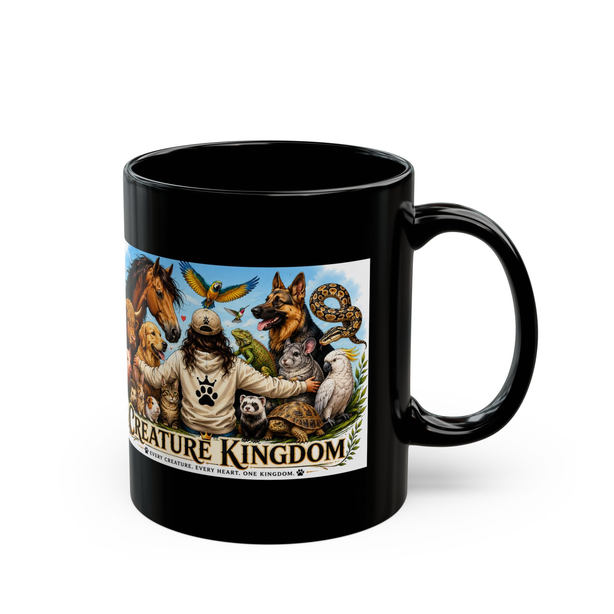 Creature Kingdom Black Mug — Animal Lover Coffee Cup (11oz/15oz)