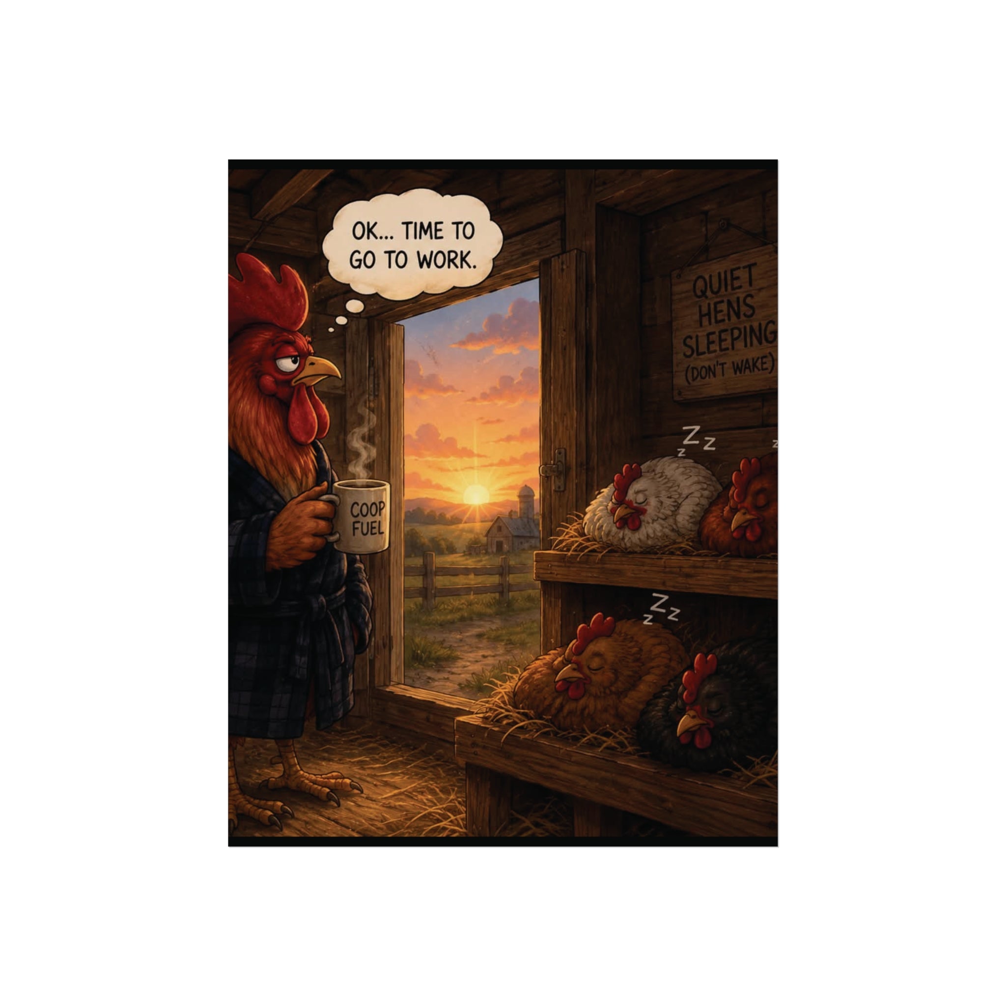 Creature Kingdom "Ok... Time to Go to Work" Farmhouse Rooster Fine Art Poster