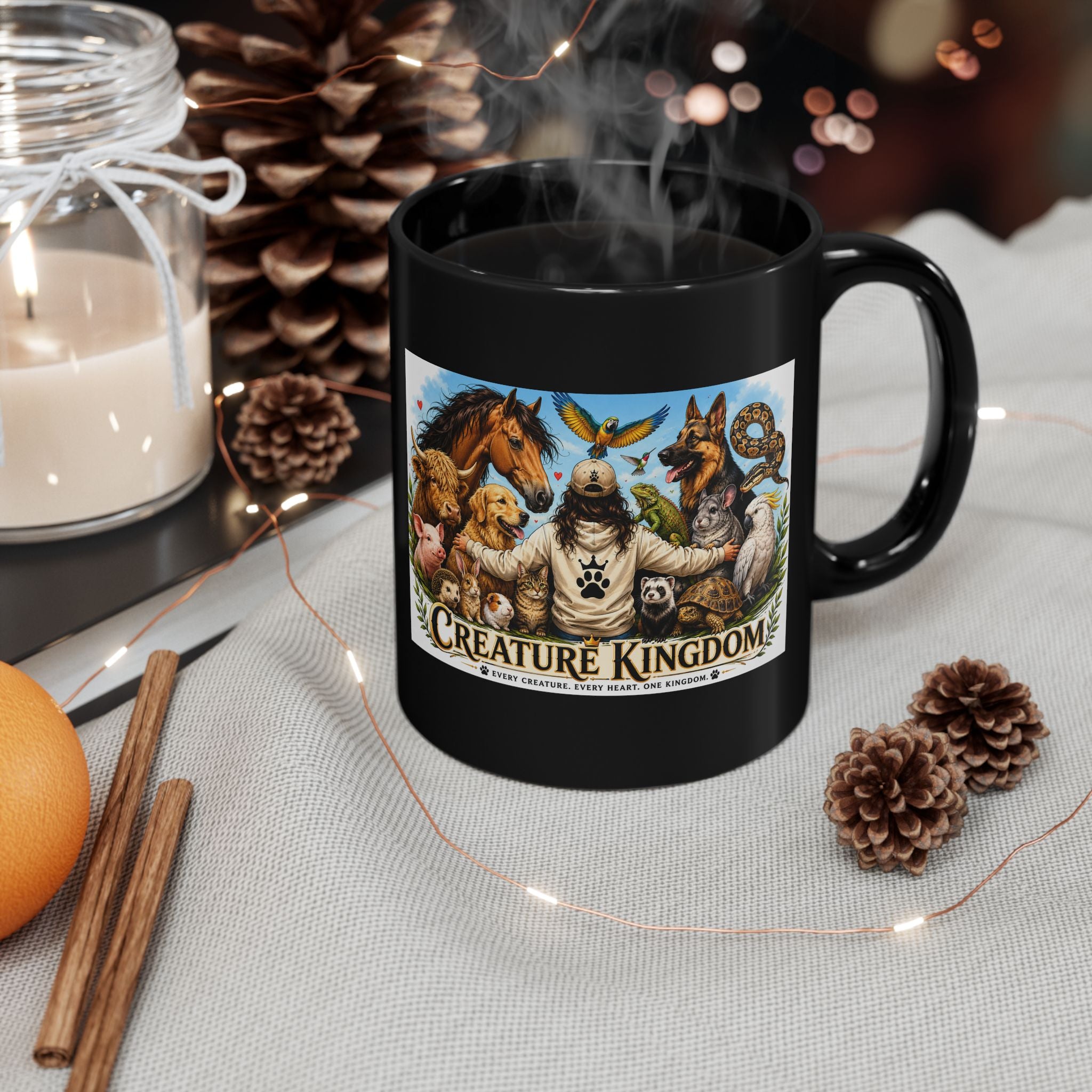 Creature Kingdom Black Mug — Animal Lover Coffee Cup (11oz/15oz)