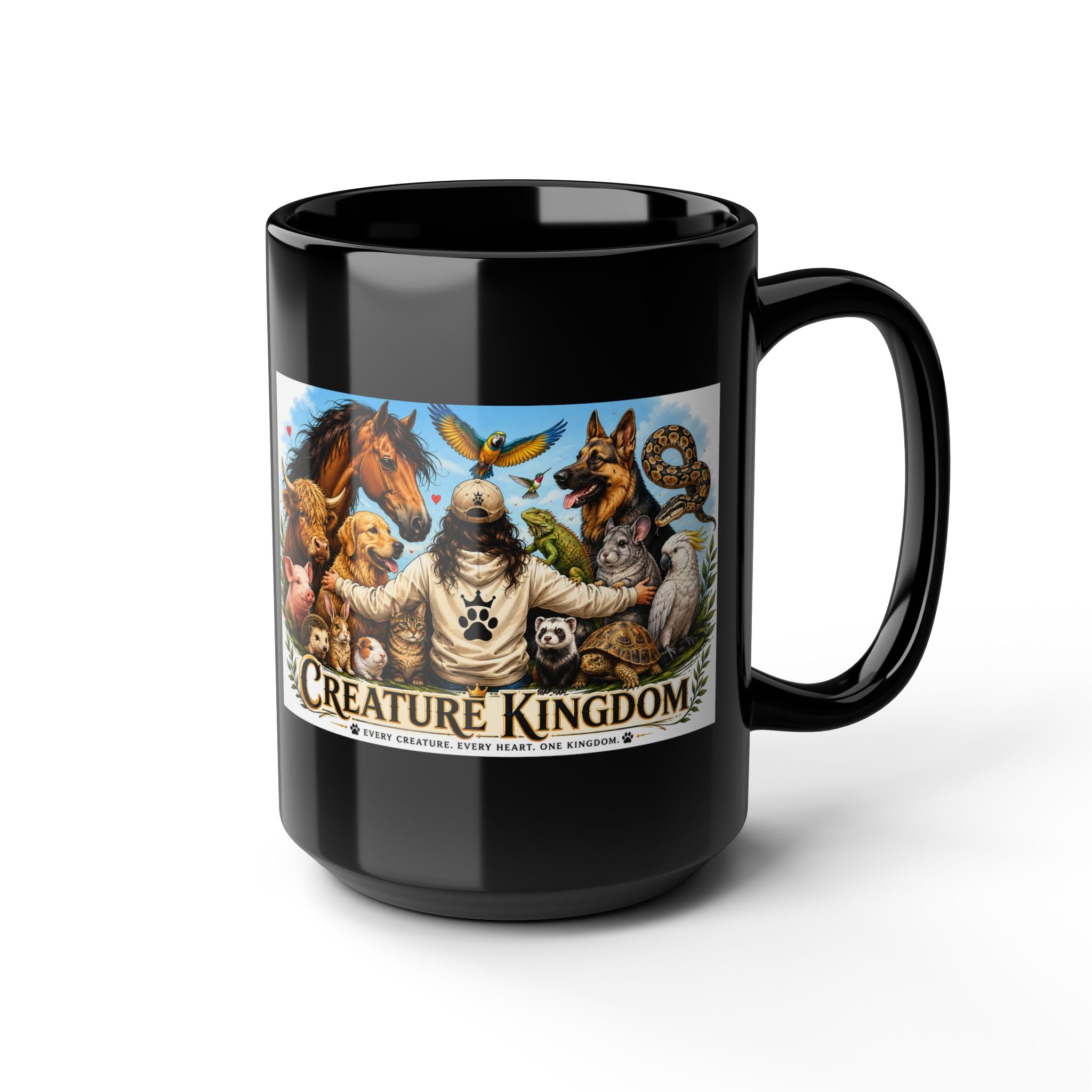 Creature Kingdom Black Mug — Animal Lover Coffee Cup (11oz/15oz)