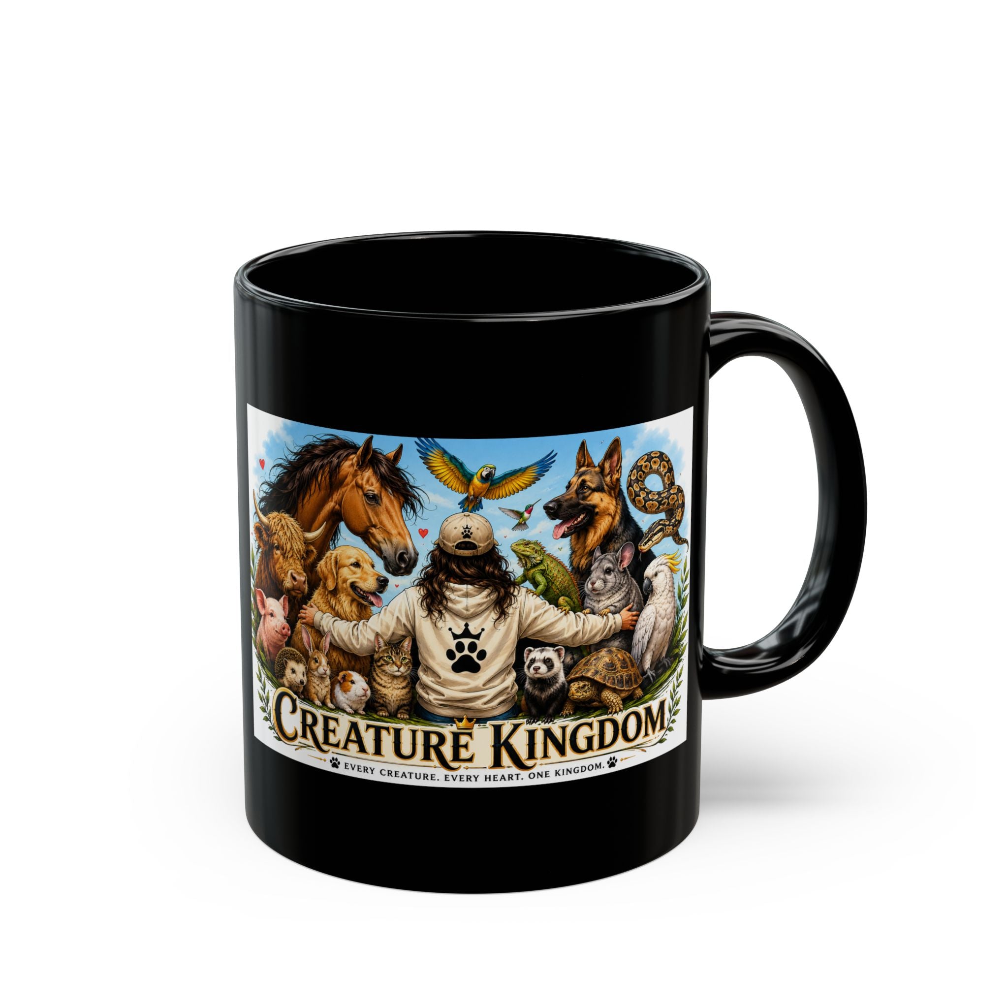 Creature Kingdom Black Mug — Animal Lover Coffee Cup (11oz/15oz)